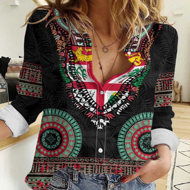 Polynesian Women's Long Sleeve Shirt  Polynesian design Honu, Wave, Sun, Spear, Fern Symbols Polynesian shirts NCY031