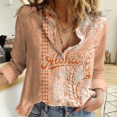 Polynesian Women's Long Sleeve Shirt  Polynesian design Honu, Wave, Sun, Spear, Fern Symbols Polynesian shirts NCY004