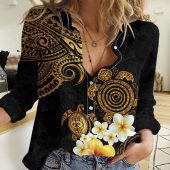 Polynesian Women's Long Sleeve Shirt Slub Linen Polynesian design Honu, Wave, Sun, Spear, Fern Symbols Polynesian shirts NCY165