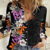 Polynesian Women's Long Sleeve Shirt  Polynesian design Honu, Wave, Sun, Spear, Fern Symbols Polynesian shirts NCY160