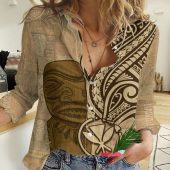 Polynesian Women's Long Sleeve Shirt  Polynesian design Honu, Wave, Sun, Spear, Fern Symbols Polynesian shirts NCY112