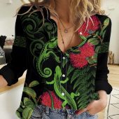 Polynesian Women's Long Sleeve Shirt  Polynesian design Honu, Wave, Sun, Spear, Fern Symbols Polynesian shirts NCY167