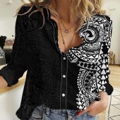 Polynesian Women's Long Sleeve Shirt  Polynesian design Honu, Wave, Sun, Spear, Fern Symbols Polynesian shirts NCY129