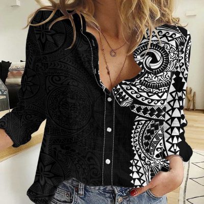 Polynesian Women's Long Sleeve Shirt  Polynesian design Honu, Wave, Sun, Spear, Fern Symbols Polynesian shirts NCY129