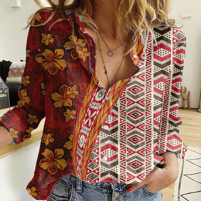 Polynesian Women's Long Sleeve Shirt  Polynesian design Honu, Wave, Sun, Spear, Fern Symbols Polynesian shirts NCY008