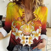 Polynesian Women's Long Sleeve Shirt  Polynesian design Honu, Wave, Sun, Spear, Fern Symbols Polynesian shirts NCY046