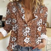 Polynesian Women's Long Sleeve Shirt  Polynesian design Honu, Wave, Sun, Spear, Fern Symbols Polynesian shirts NCY133