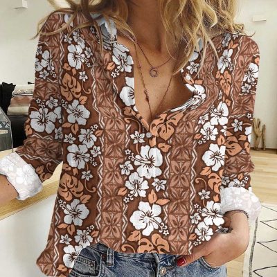 Polynesian Women's Long Sleeve Shirt  Polynesian design Honu, Wave, Sun, Spear, Fern Symbols Polynesian shirts NCY133