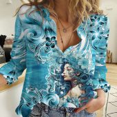 Polynesian Women's Long Sleeve Shirt  Polynesian design Honu, Wave, Sun, Spear, Fern Symbols Polynesian shirts NCY015