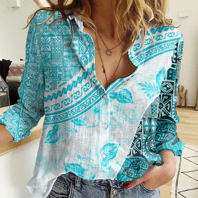 Polynesian Women's Long Sleeve Shirt  Polynesian design Honu, Wave, Sun, Spear, Fern Symbols Polynesian shirts NCY144