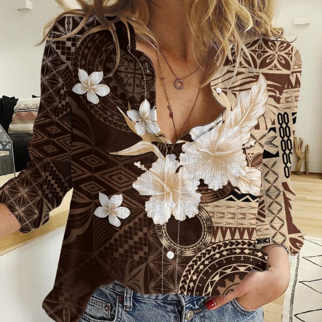 Polynesian Women's Long Sleeve Shirt  Polynesian design Honu, Wave, Sun, Spear, Fern Symbols Polynesian shirts NCY100