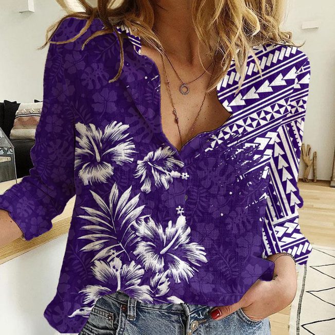 Polynesian Women's Long Sleeve Shirt  Polynesian design Honu, Wave, Sun, Spear, Fern Symbols Polynesian shirts NCY052