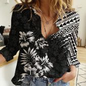 Polynesian Women's Long Sleeve Shirt  Polynesian design Honu, Wave, Sun, Spear, Fern Symbols Polynesian shirts NCY053