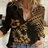 Polynesian Women's Long Sleeve Shirt  Polynesian design Honu, Wave, Sun, Spear, Fern Symbols Polynesian shirts NCY054