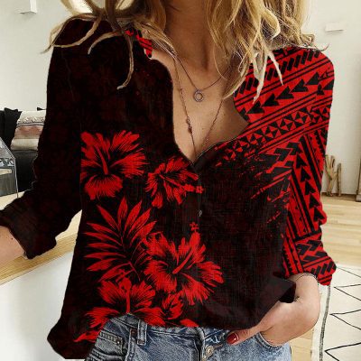 Polynesian Women's Long Sleeve Shirt  Polynesian design Honu, Wave, Sun, Spear, Fern Symbols Polynesian shirts NCY180