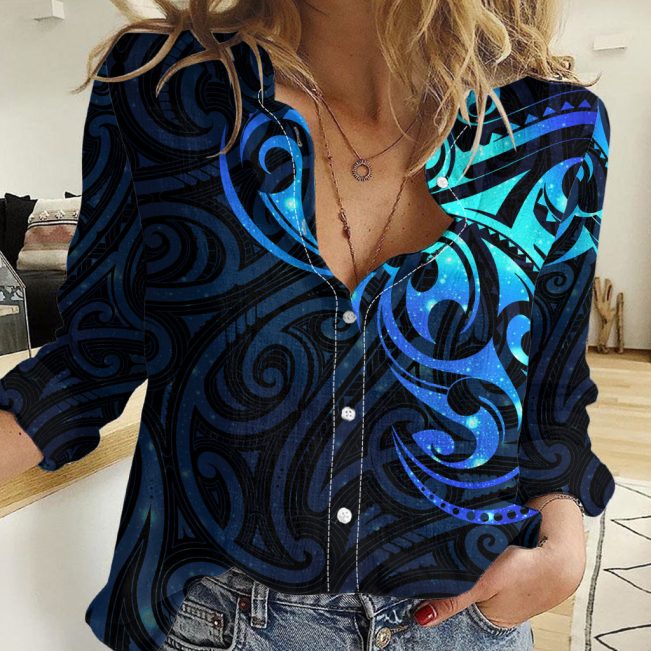 Polynesian Women's Long Sleeve Shirt  Polynesian design Honu, Wave, Sun, Spear, Fern Symbols Polynesian shirts NCY158