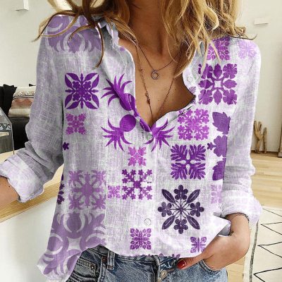 Polynesian Women's Long Sleeve Shirt  Polynesian design Honu, Wave, Sun, Spear, Fern Symbols Polynesian shirts NCY183