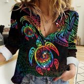 Polynesian Women's Long Sleeve Shirt Slub Linen Polynesian design Honu, Wave, Sun, Spear, Fern Symbols Polynesian shirts NCY192