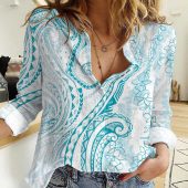 Polynesian Women's Long Sleeve Shirt  Polynesian design Honu, Wave, Sun, Spear, Fern Symbols Polynesian shirts NCY090