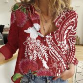 Polynesian Women's Long Sleeve Shirt Slub Linen Polynesian design Honu, Wave, Sun, Spear, Fern Symbols Polynesian shirts NCY102