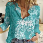 Polynesian Women's Long Sleeve Shirt  Polynesian design Honu, Wave, Sun, Spear, Fern Symbols Polynesian shirts NCY024