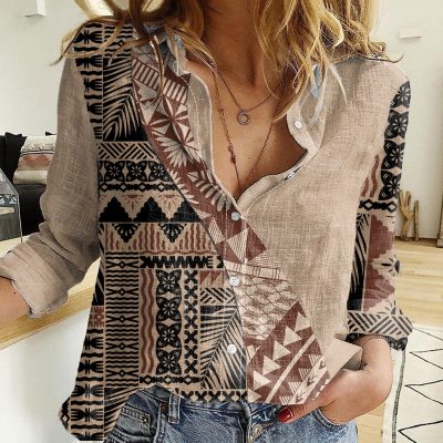 Polynesian Women's Long Sleeve Shirt  Polynesian design Honu, Wave, Sun, Spear, Fern Symbols Polynesian shirts NCY014