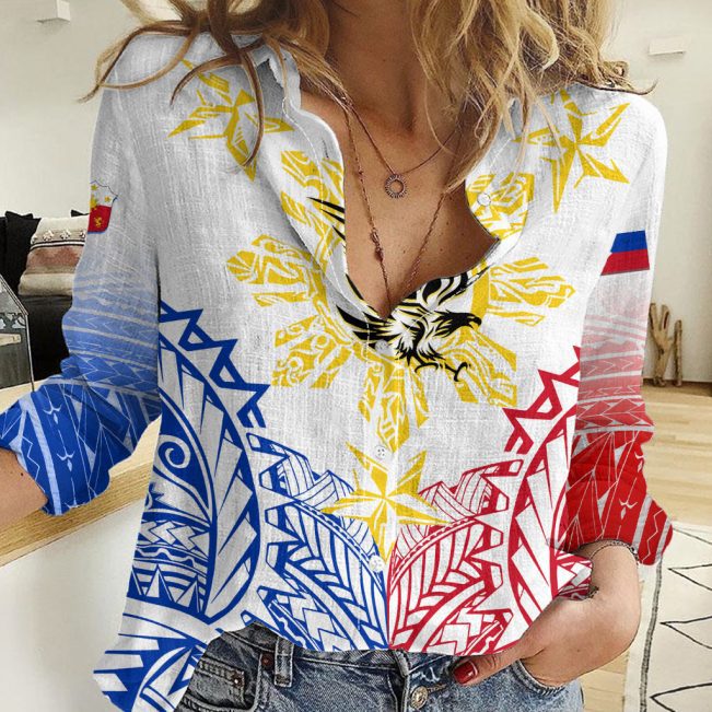 Polynesian Women's Long Sleeve Shirt  Polynesian design Honu, Wave, Sun, Spear, Fern Symbols Polynesian shirts NCY157