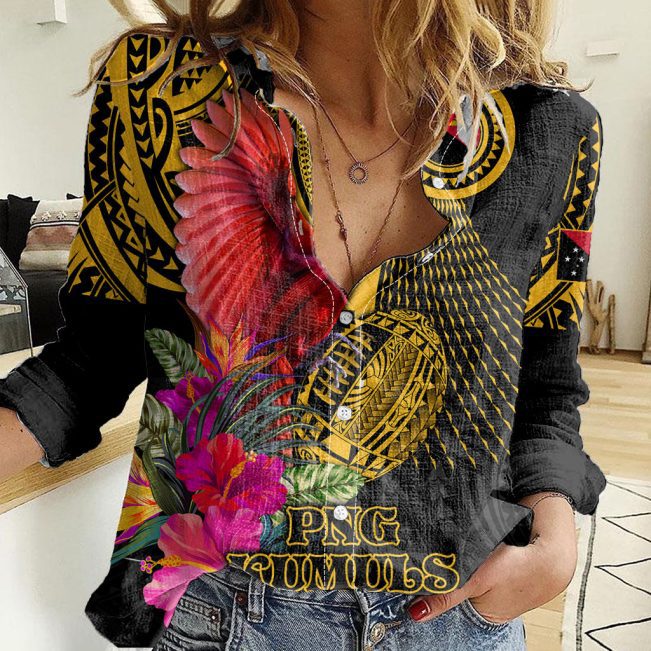 Polynesian Women's Long Sleeve Shirt  Polynesian design Honu, Wave, Sun, Spear, Fern Symbols Polynesian shirts NCY066