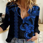Polynesian Women's Long Sleeve Shirt Slub Linen Polynesian design Honu, Wave, Sun, Spear, Fern Symbols Polynesian shirts NCY068