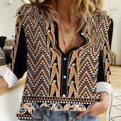 Polynesian Women's Long Sleeve Shirt Slub Linen Polynesian design Honu, Wave, Sun, Spear, Fern Symbols Polynesian shirts NCY085