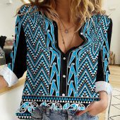 Polynesian Women's Long Sleeve Shirt  Polynesian design Honu, Wave, Sun, Spear, Fern Symbols Polynesian shirts NCY086