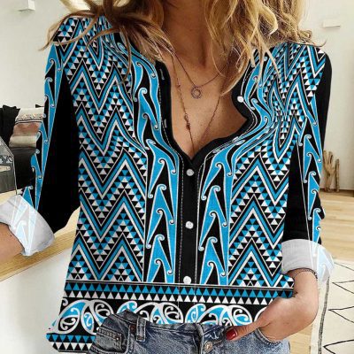 Polynesian Women's Long Sleeve Shirt  Polynesian design Honu, Wave, Sun, Spear, Fern Symbols Polynesian shirts NCY086