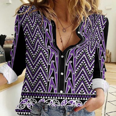 Polynesian Women's Long Sleeve Shirt  Polynesian design Honu, Wave, Sun, Spear, Fern Symbols Polynesian shirts NCY088