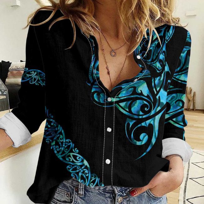 Polynesian Women's Long Sleeve Shirt  Polynesian design Honu, Wave, Sun, Spear, Fern Symbols Polynesian shirts NCY209