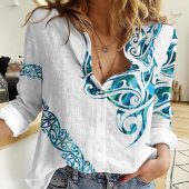 Polynesian Women's Long Sleeve Shirt  Polynesian design Honu, Wave, Sun, Spear, Fern Symbols Polynesian shirts NCY210