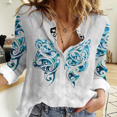 Polynesian Women's Long Sleeve Shirt  Polynesian design Honu, Wave, Sun, Spear, Fern Symbols Polynesian shirts NCY211