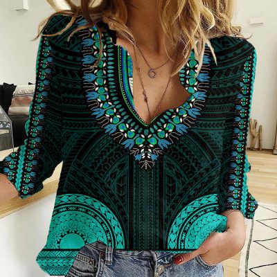 Polynesian Women's Long Sleeve Shirt  Polynesian design Honu, Wave, Sun, Spear, Fern Symbols Polynesian shirts NCY069