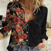 Polynesian Women's Long Sleeve Shirt  Polynesian design Honu, Wave, Sun, Spear, Fern Symbols Polynesian shirts NCY101