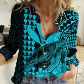 Polynesian Women's Long Sleeve Shirt  Polynesian design Honu, Wave, Sun, Spear, Fern Symbols Polynesian shirts NCY178