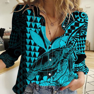 Polynesian Women's Long Sleeve Shirt  Polynesian design Honu, Wave, Sun, Spear, Fern Symbols Polynesian shirts NCY178