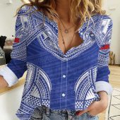 Polynesian Women's Long Sleeve Shirt Slub Linen Polynesian design Honu, Wave, Sun, Spear, Fern Symbols Polynesian shirts NCY222