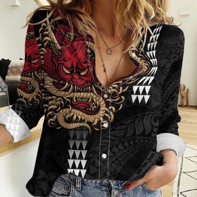 Polynesian Women's Long Sleeve Shirt  Polynesian design Honu, Wave, Sun, Spear, Fern Symbols Polynesian shirts NCY214