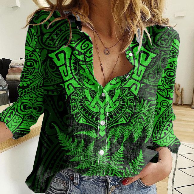 Polynesian Women's Long Sleeve Shirt  Polynesian design Honu, Wave, Sun, Spear, Fern Symbols Polynesian shirts NCY181