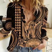 Polynesian Women's Long Sleeve Shirt  Polynesian design Honu, Wave, Sun, Spear, Fern Symbols Polynesian shirts NCY070