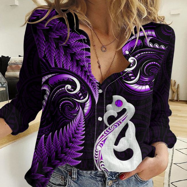 Polynesian Women's Long Sleeve Shirt  Polynesian design Honu, Wave, Sun, Spear, Fern Symbols Polynesian shirts NCY154