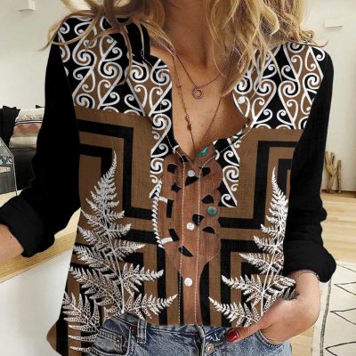 Polynesian Women's Long Sleeve Shirt  Polynesian design Honu, Wave, Sun, Spear, Fern Symbols Polynesian shirts NCY126