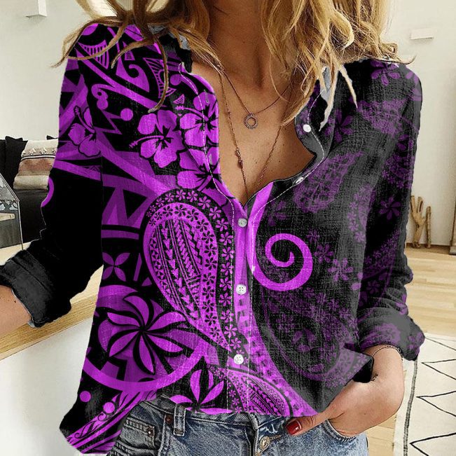 Polynesian Women's Long Sleeve Shirt  Polynesian design Honu, Wave, Sun, Spear, Fern Symbols Polynesian shirts NCY002