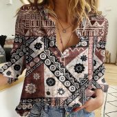 Polynesian Women's Long Sleeve Shirt Slub Linen Polynesian design Honu, Wave, Sun, Spear, Fern Symbols Polynesian shirts NCY138
