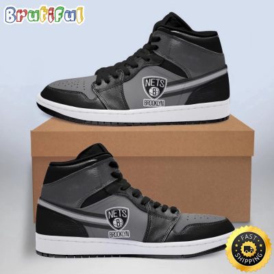NBA Brooklyn Nets Gray Black Air Jordan 1 High Sneakers