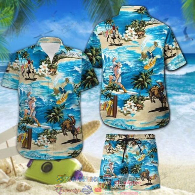 Cowboy Surfing Palm Tree Hawaiian Shirt And Shorts - Hot Sale 2025